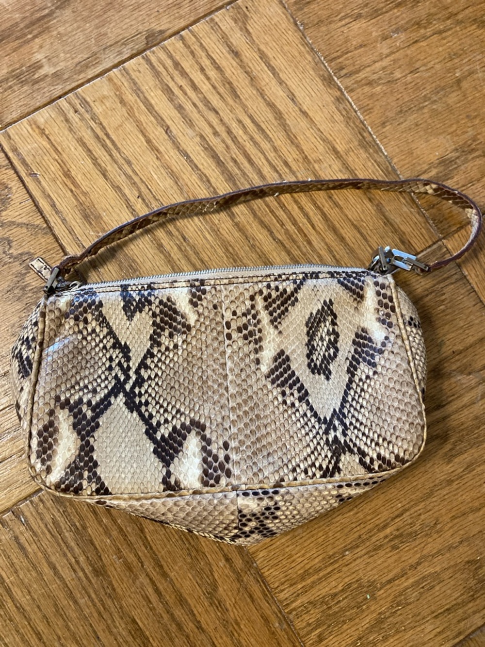 Snake-Print Wristlet Clutch in Beige and Brown